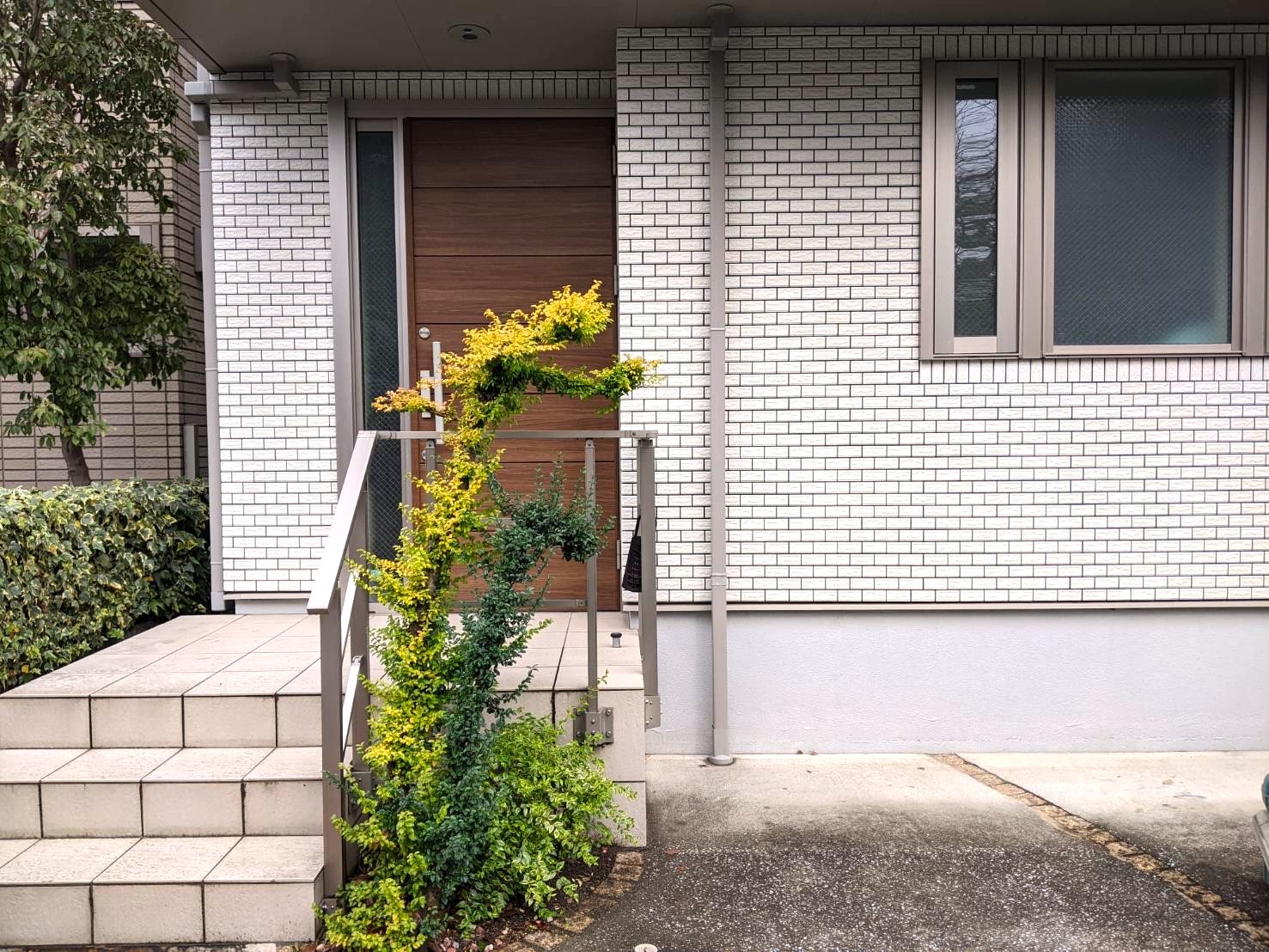 大田区南久が原の外構工事施工例0281｜2025年12月施工｜植木処分・玄関前の角材目隠し＋駐輪ラック設置